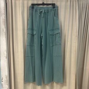 Easel Mineral Washed Terry Knit Teal Wide-Leg Cargo Pants